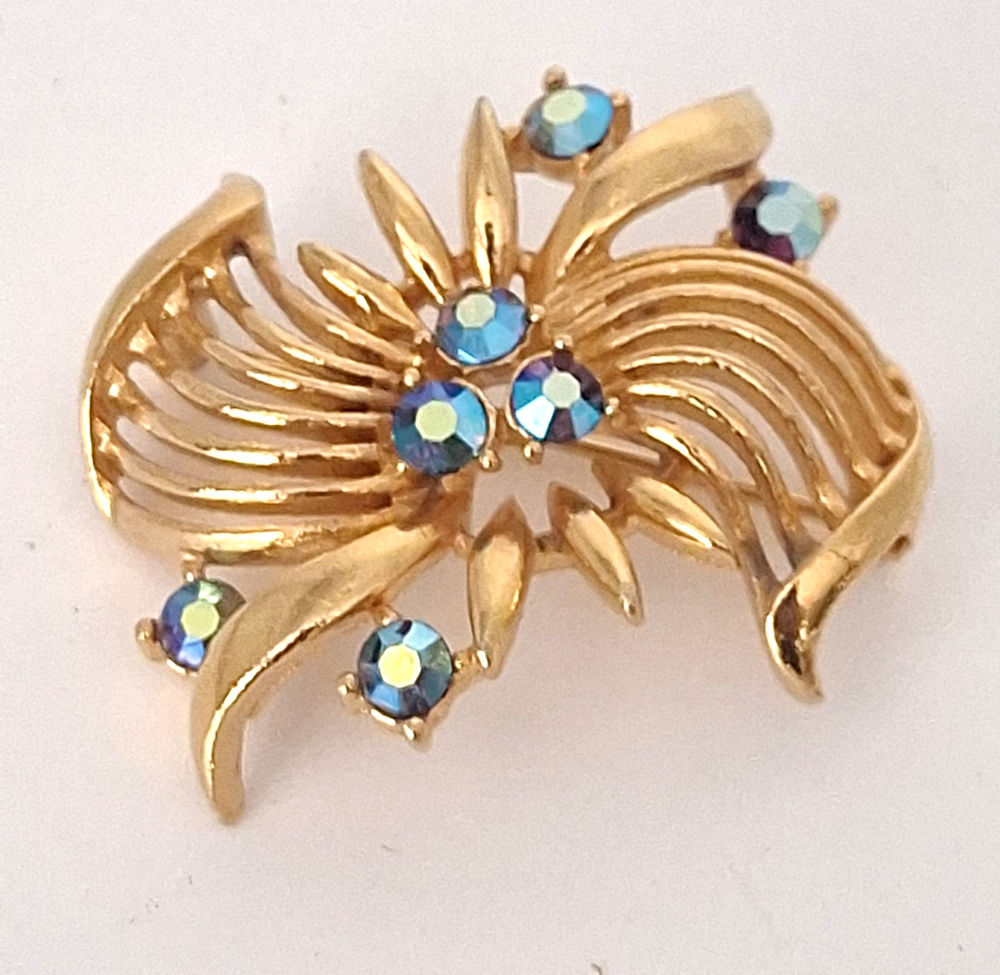 Vintage Lisner Gold Tone Blue AB Rhinestone Abstract Floral Brooch Mid Century